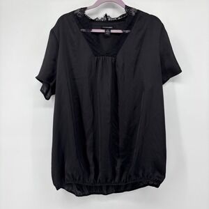 Lane Bryant Black Satin Lace Trim V-Neck Bubble Hem Blouse Plus Size 14/16